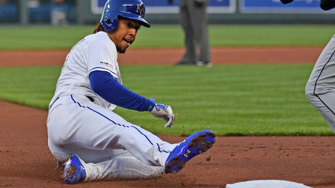 Adalberto Mondesi of the Kansas City Royals suffers a ruptured anterior cruciate ligament